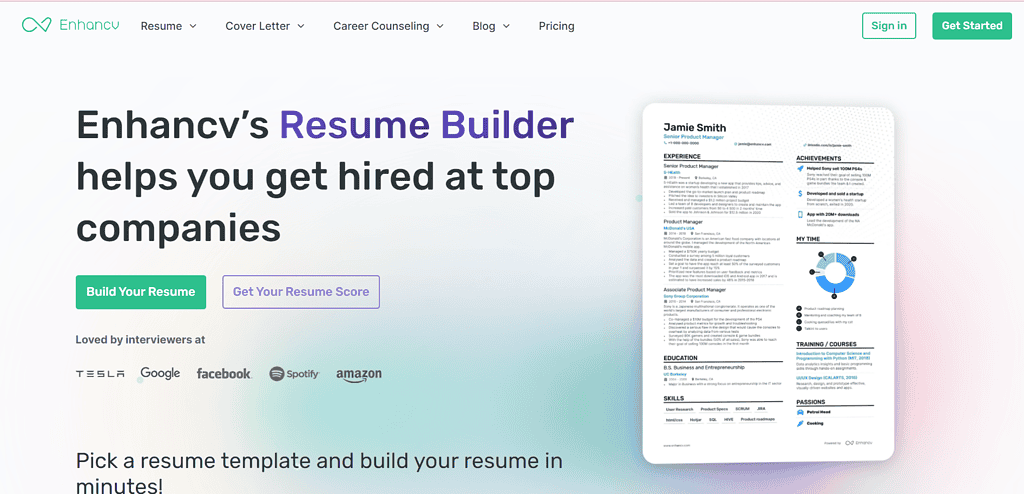 enhancv best AI for resume writing